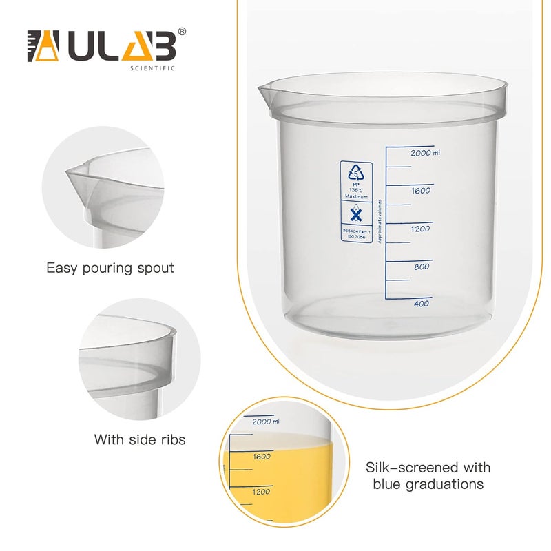 ULAB Scientific Stackable Graduated Plastic Beakers, Vol.2000ml(68oz), with Easy-to-Read Printings in Blue, UBP1017 - Image 3